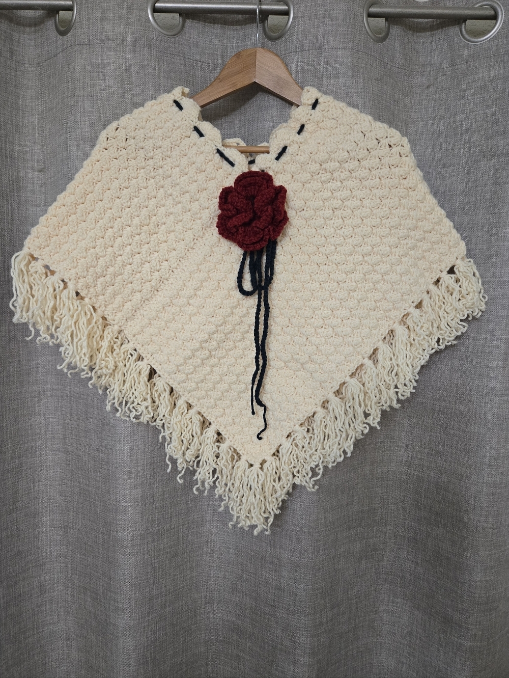 Handmade Cream Crochet Poncho with Red Flower Accent